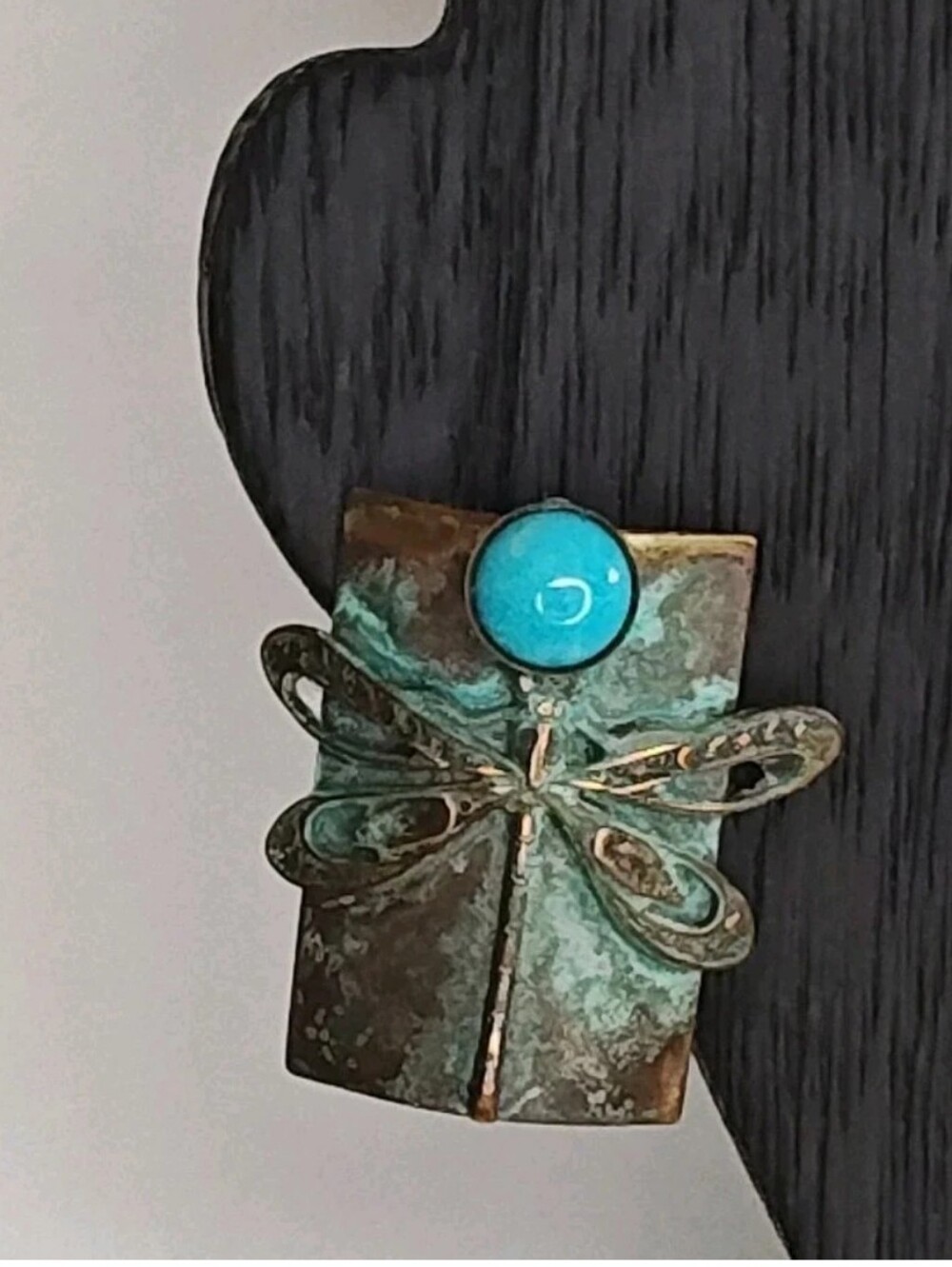 Elaine Coyne Verdigris Patina Brass Earrings Turquoise Stone Dragonfly Chunky